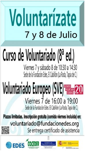 Curso de Verano de Voluntariado (8ª Edición) y Servicio Voluntario Europeo, en Fundación EDES. 7 y 8 de Julio