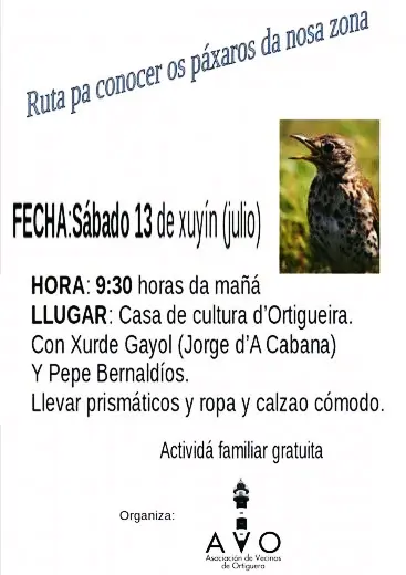 ruta para conocer los pájaros de nuestra zona con la A.V. Ortiguera