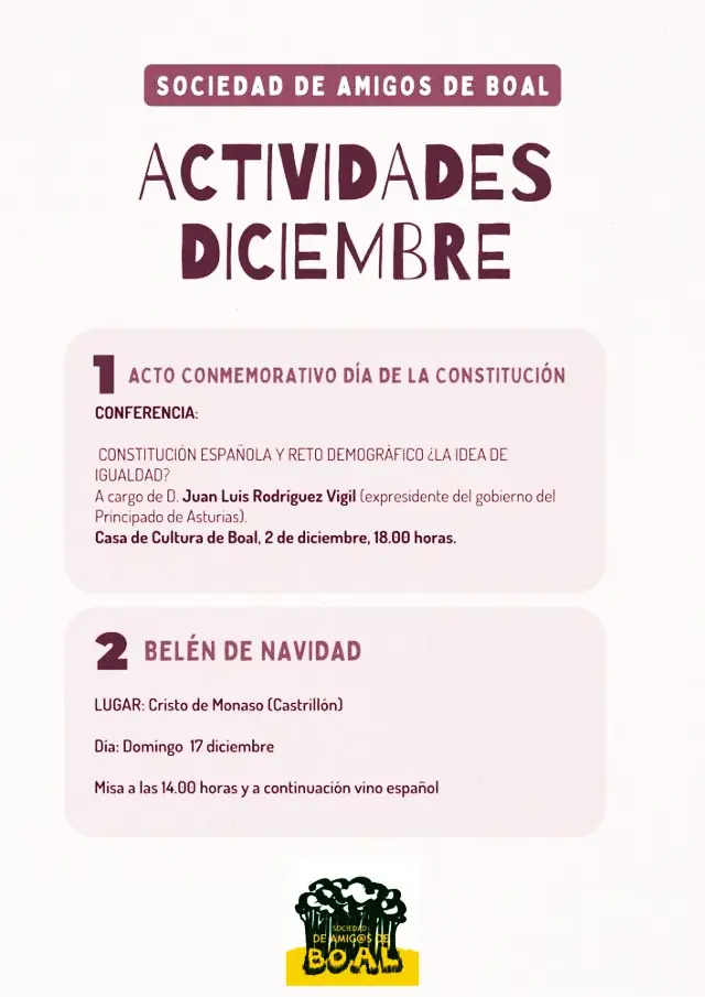 Actividades para diciembre de Sociedad Amigos de Boal: desde una conferencia, hasta la instalación del Belén.