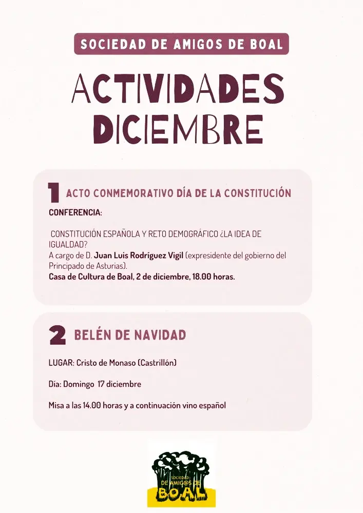 Actividades para diciembre de Sociedad Amigos de Boal: desde una conferencia, hasta la instalación del Belén.