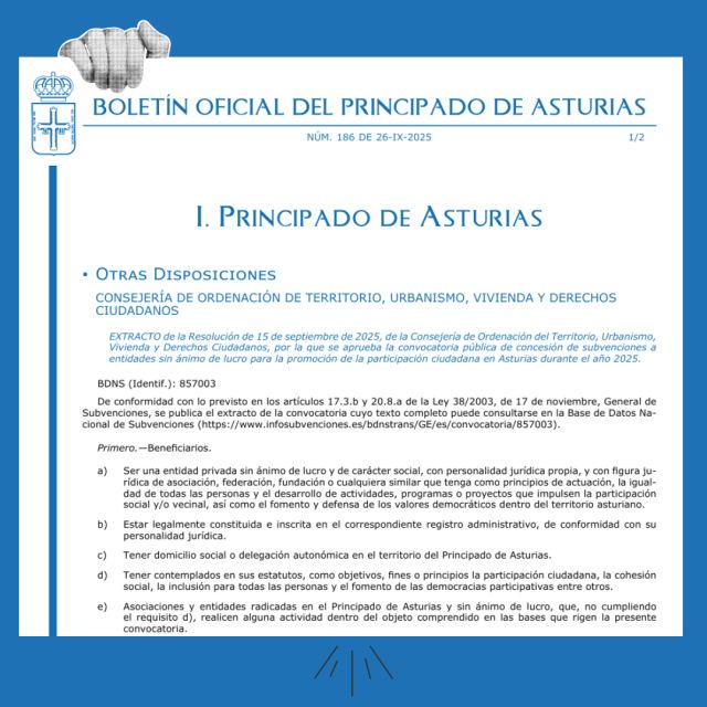 Abierta la convocatoria de subvenciones para fomentar la participación ciudadana en Asturias