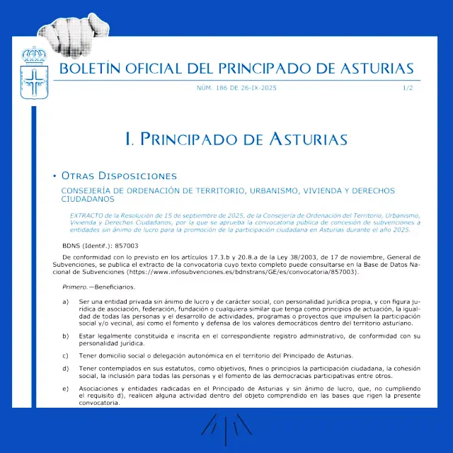 Abierta la convocatoria de subvenciones para fomentar la participación ciudadana en Asturias