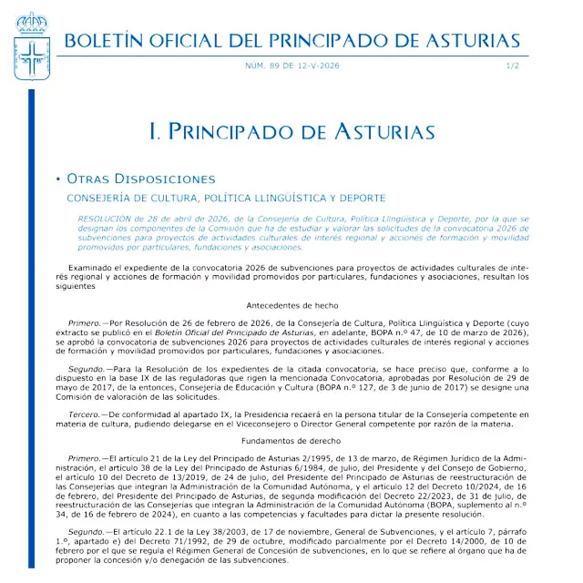El Principado activa la convocatoria de subvenciones culturales de 2026