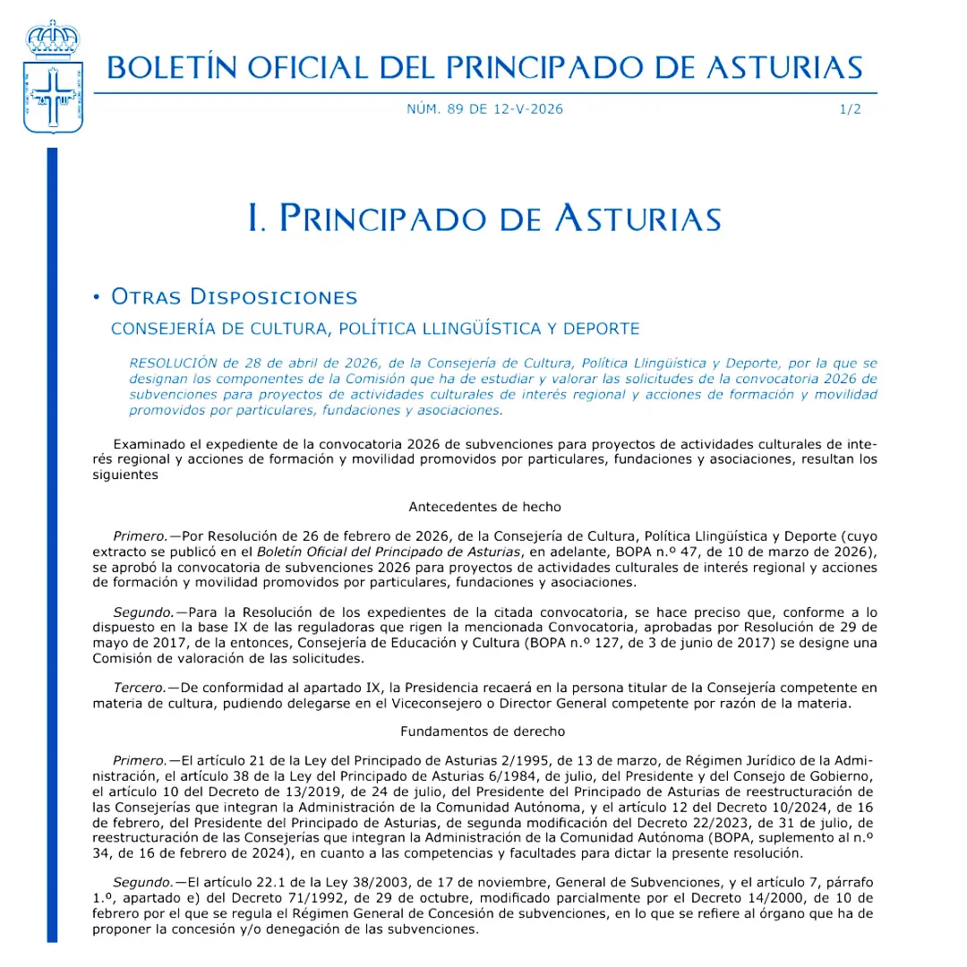 El Principado activa la convocatoria de subvenciones culturales de 2026
