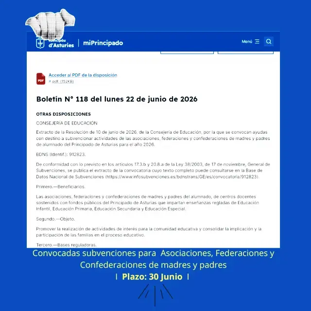 Convocatoria Subvenciones para Asociaciones, Federaciones y Confederaciones de Madres y Padres.