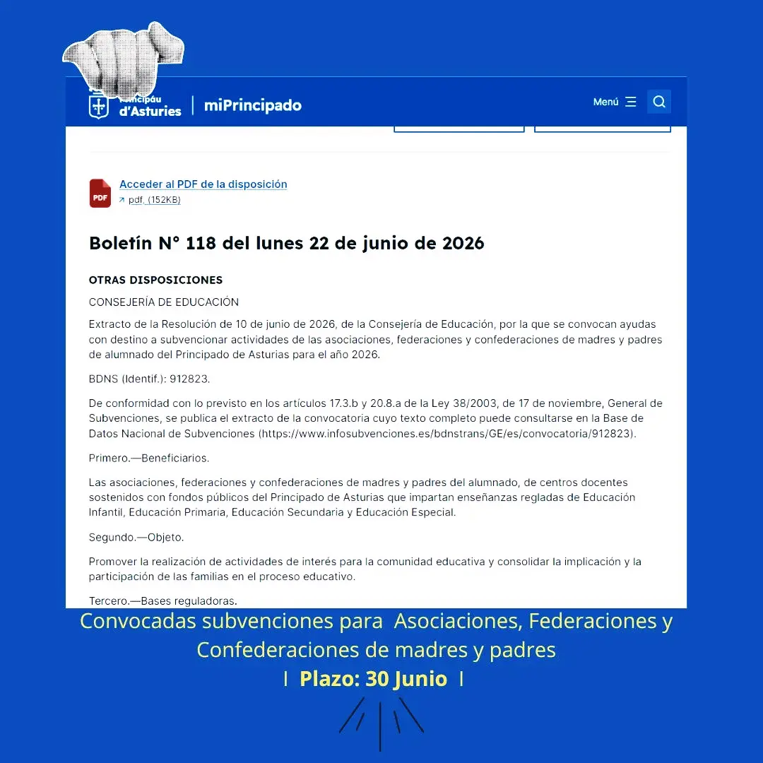 Convocatoria Subvenciones para Asociaciones, Federaciones y Confederaciones de Madres y Padres.